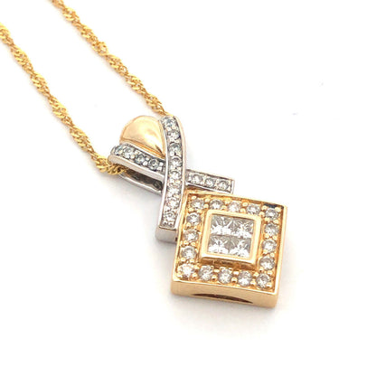 14K Yellow Gold Round Diamond Anniversary Statement Pendant Necklace