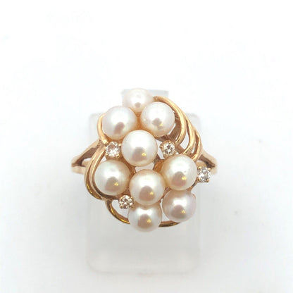 Designer 14K Yellow Gold Pearl Diamond Accented Modernist Cluster Cocktail Ring
