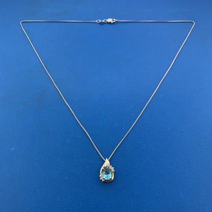 Designer Sterling Silver 10K Yellow Gold Blue Topaz Solitaire Diamond Necklace