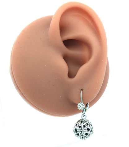 Vintage 925 Sterling Silver Round Cubic Zirconia Ball Dangle Hook Earrings