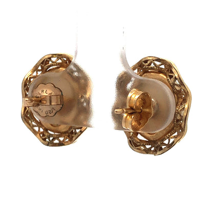 Estate 14K Yellow Gold Filled Oval Pearl Filigree Halo Birds Nest Stud Earrings