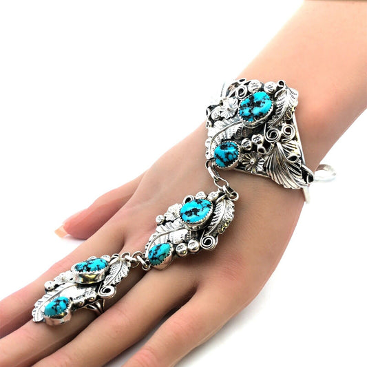Harry B Yazzie Navajo Sterling Silver Turquoise Squash Blossom Slave Bracelet