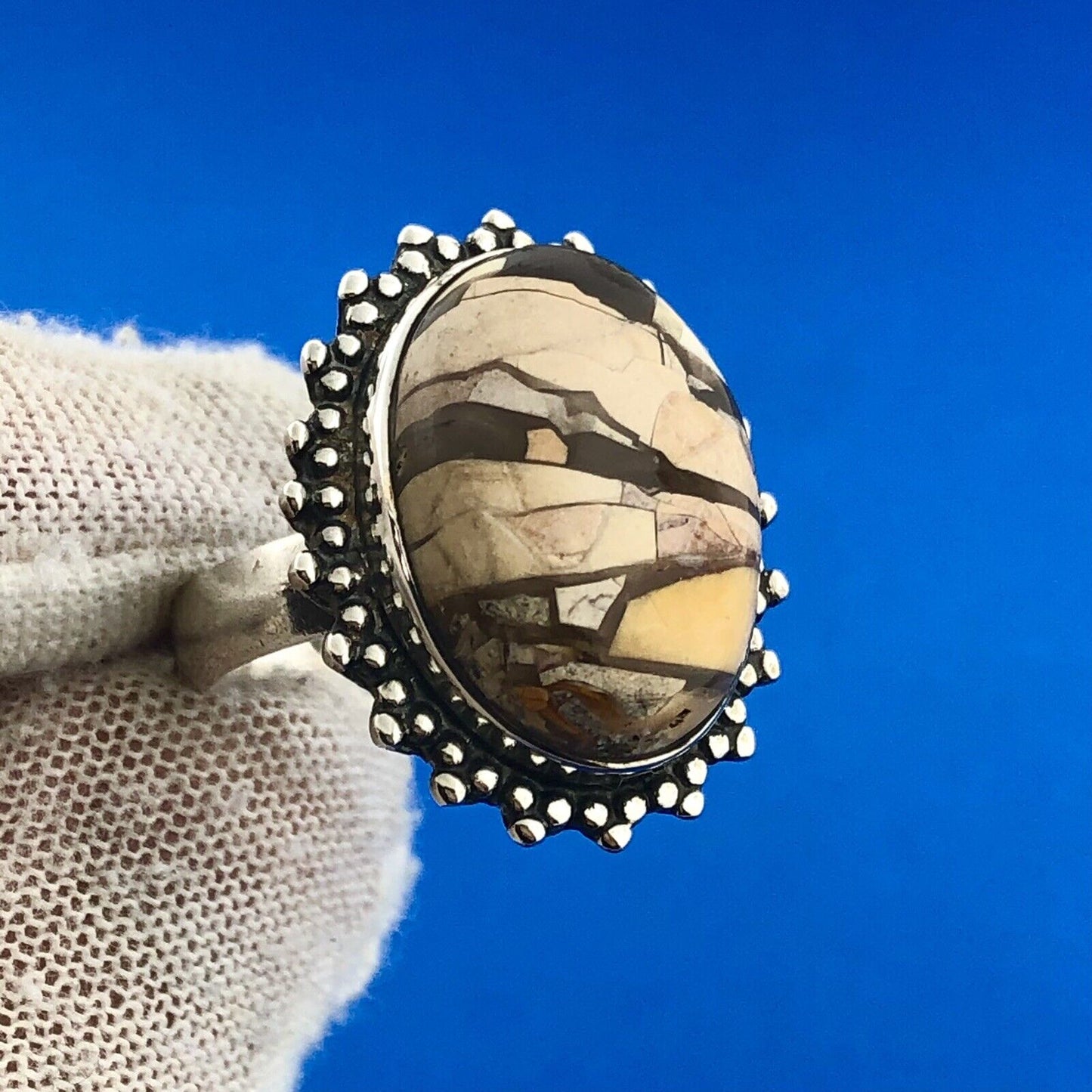 Vintage 925 Sterling Silver Oval Enamel Mosaic Jasper Inlay Statement Ring