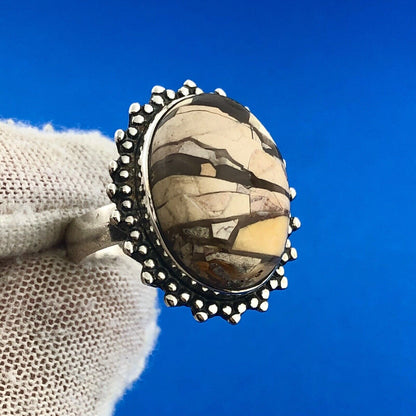Vintage 925 Sterling Silver Oval Enamel Mosaic Jasper Inlay Statement Ring
