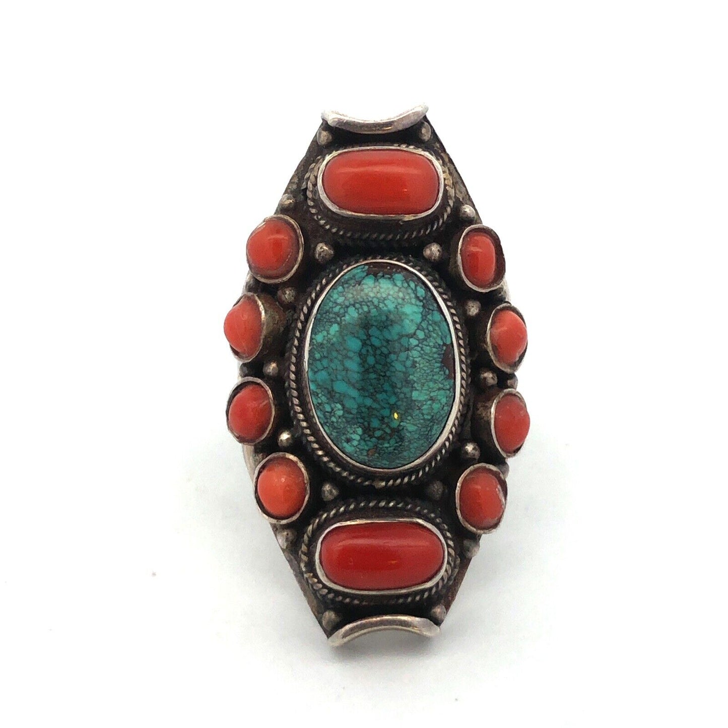 Old Pawn Unsigned 925 Sterling Silver Turquoise Coral Statement Finger Ring