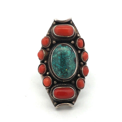Old Pawn Unsigned 925 Sterling Silver Turquoise Coral Statement Finger Ring