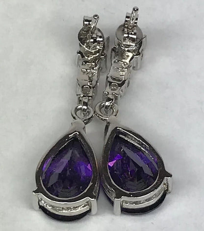 Designer Sterling Silver 925 Purple White Cubic Zirconia Statement Drop Earrings