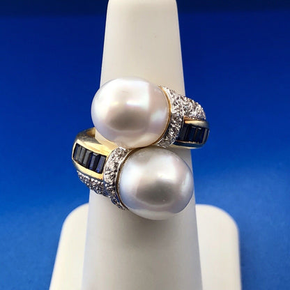 Estate 18K Yellow Gold Diamond Sapphire Pearl Bypass Cocktail Dinner Ring