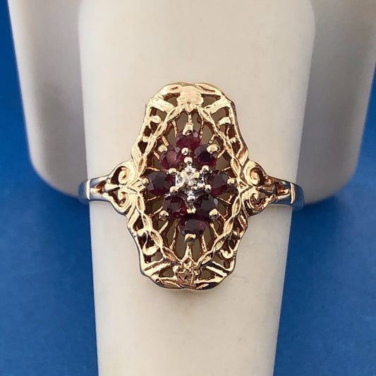 Designer JGL 10K Yellow Gold Ruby Diamond Filigree July Anniversary Ring