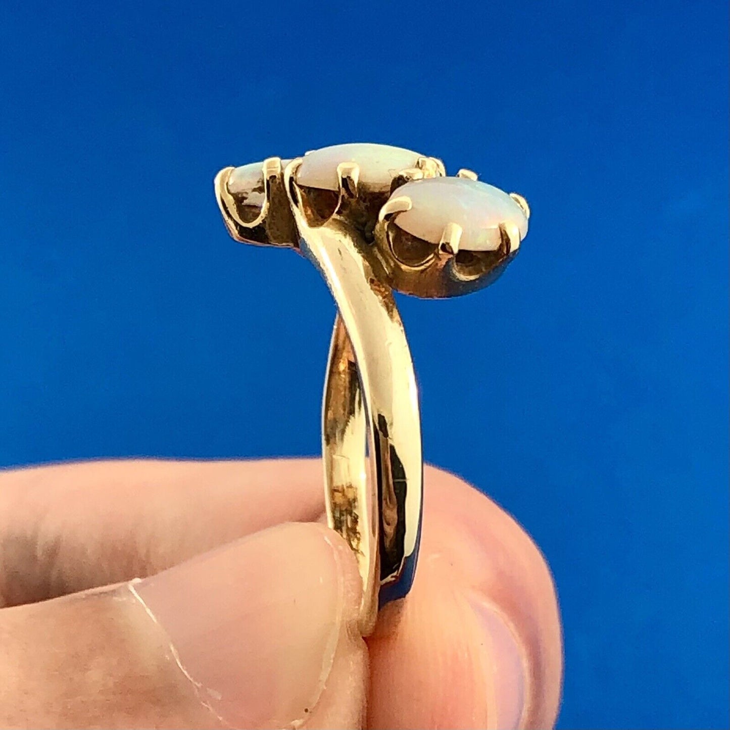 Estate 14K Yellow Gold Oval Opal Trio October Anniversary Occasion Bypass Ring