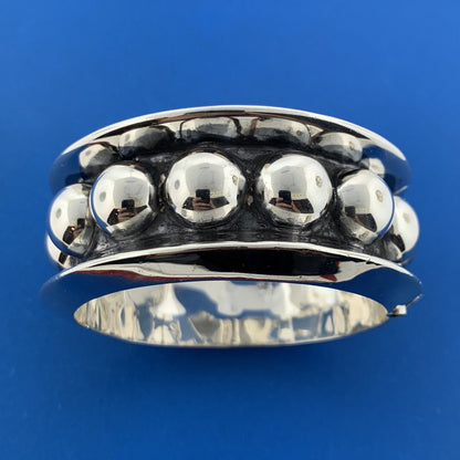 Vintage Taxco 925 Sterling Silver Polka Dot Wide Statement Hinged Cuff Bracelet