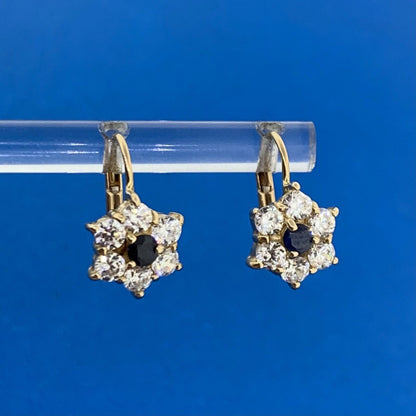 Designer Italy 14K Yellow Gold Sapphire Cubic Zirconia Floral Cluster Earrings