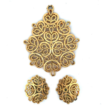 Vintage Trifari Gold Tone Open Scroll Work Snowflake Pendant & Clip Earrings Set