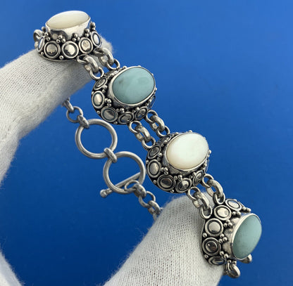 BA Suarti 925 Sterling Silver Aventurine Mother Of Pearl Cabochon Panel Bracelet