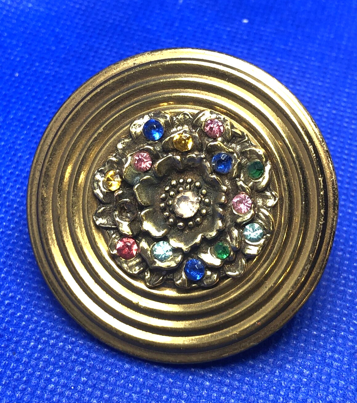 Mid Century Gold Tone Rhinestone Flower Lipstick Mirror Compact Case