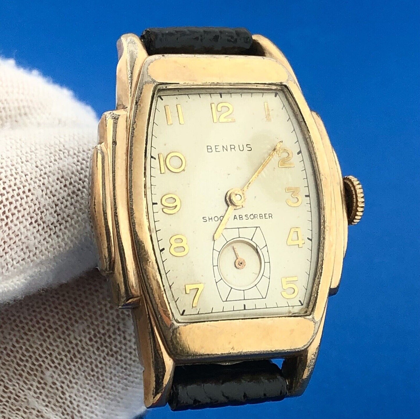 Mid Century Benrus Shock Absorber Model BB3 Gold Filled Step Bezel Tank Watch