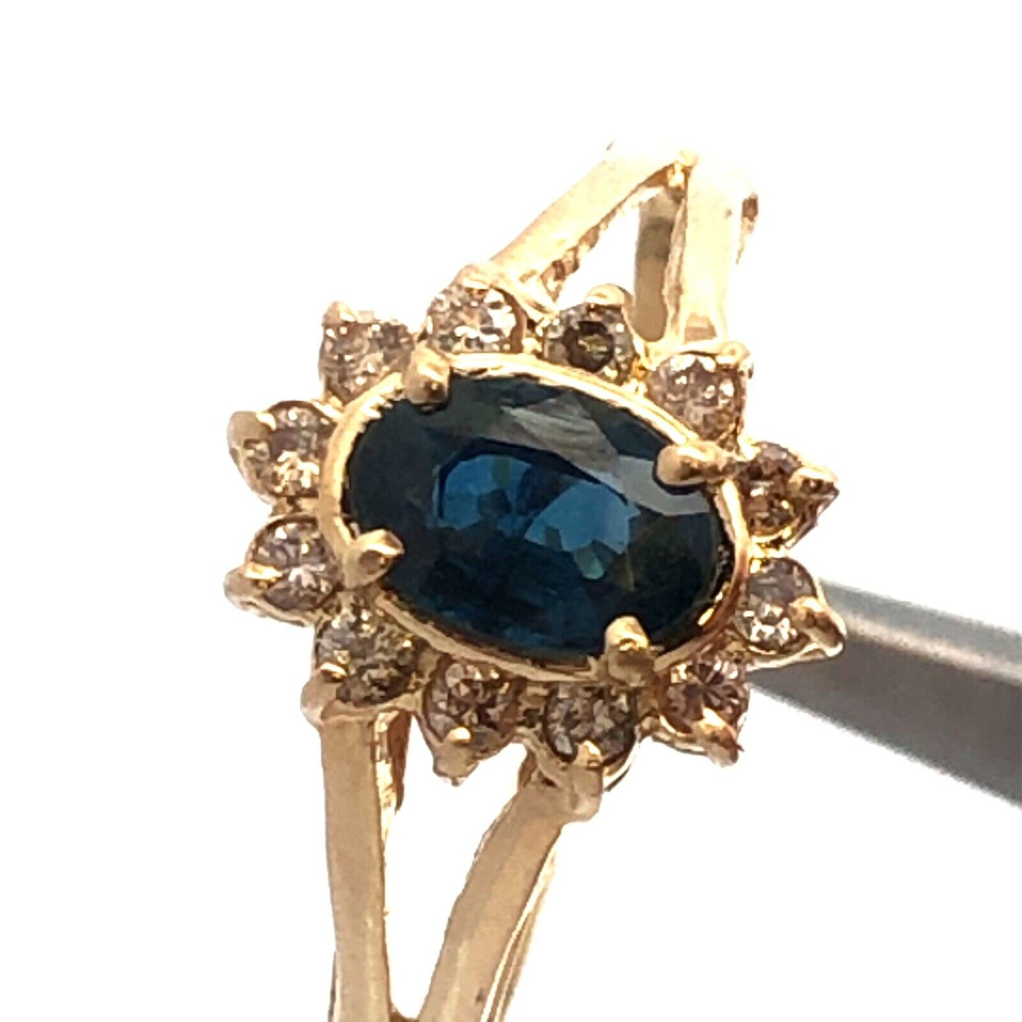 14K Yellow Gold Vintage Oval Blue Sapphire Round Diamond Halo Anniversary Ring