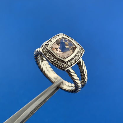David Yurman 925 Sterling Silver Morganite Pave Diamond Halo Petite Albion Ring