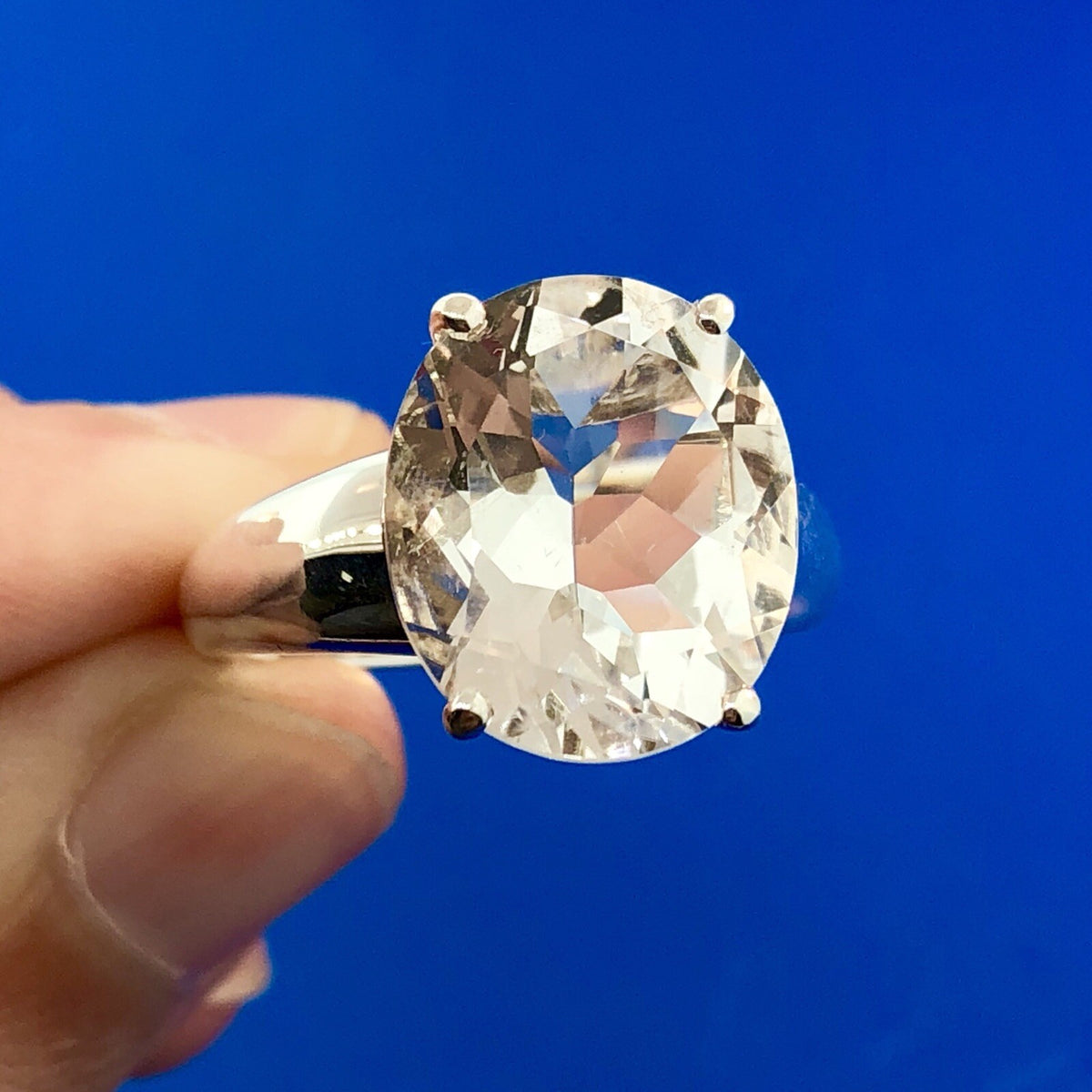 Estate Stunning 925 Sterling Silver Oval Cubic Zirconia Solitaire Statement Ring