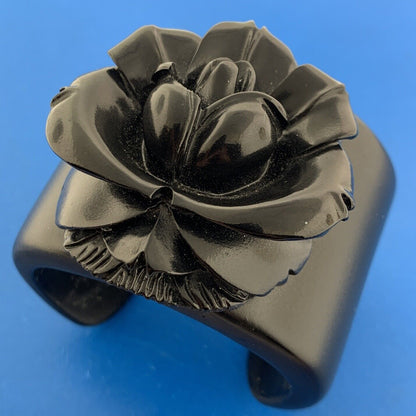 Mid Century Chunky Carved Black Lucite Rose Flower Statement Cuff Bracelet