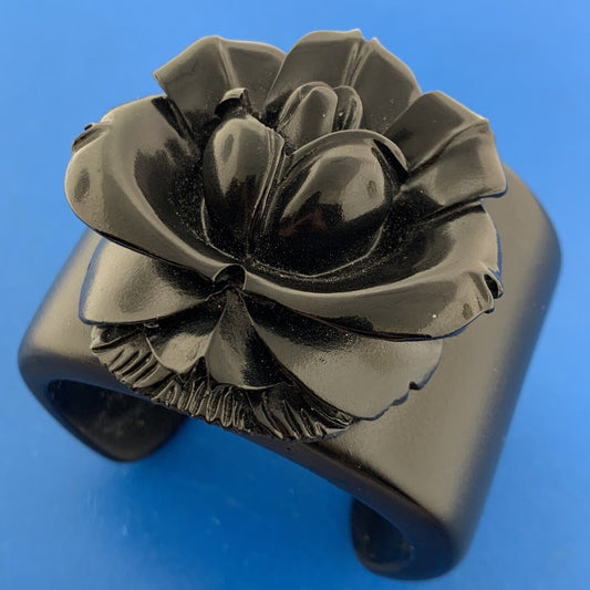 Mid Century Chunky Carved Black Lucite Rose Flower Statement Cuff Bracelet