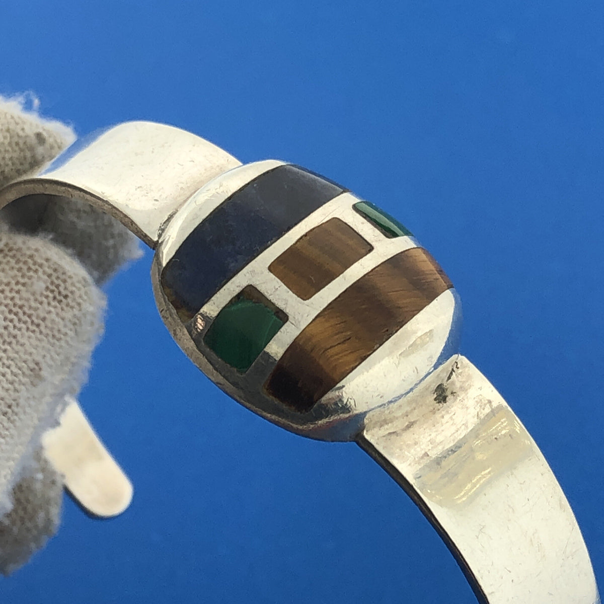 Sterling Silver 925 Tiger's Eye Lapis Malachite Native American 6" Cuff Bracelet