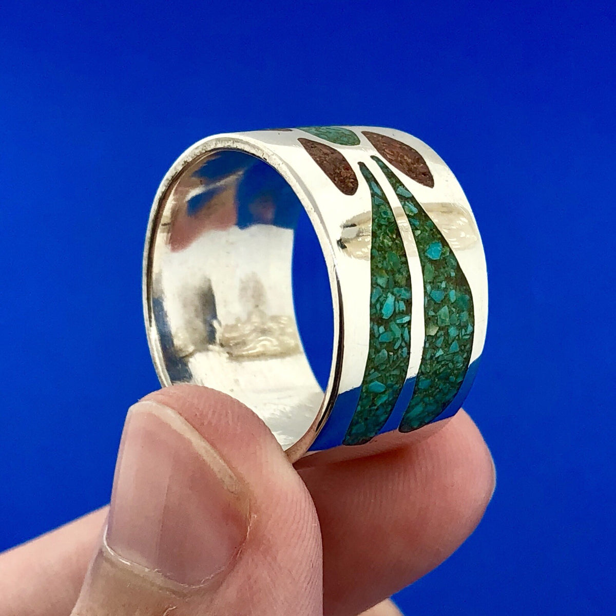 Men's Sterling Silver 925 Turquoise Red Coral Spiderweb Inlay Wide Band Ring