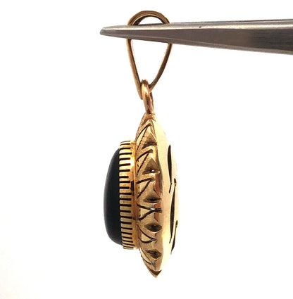 Vintage Mexico 14k Yellow Gold Black Onyx Pear Aztec Sunburst Drop Pendant