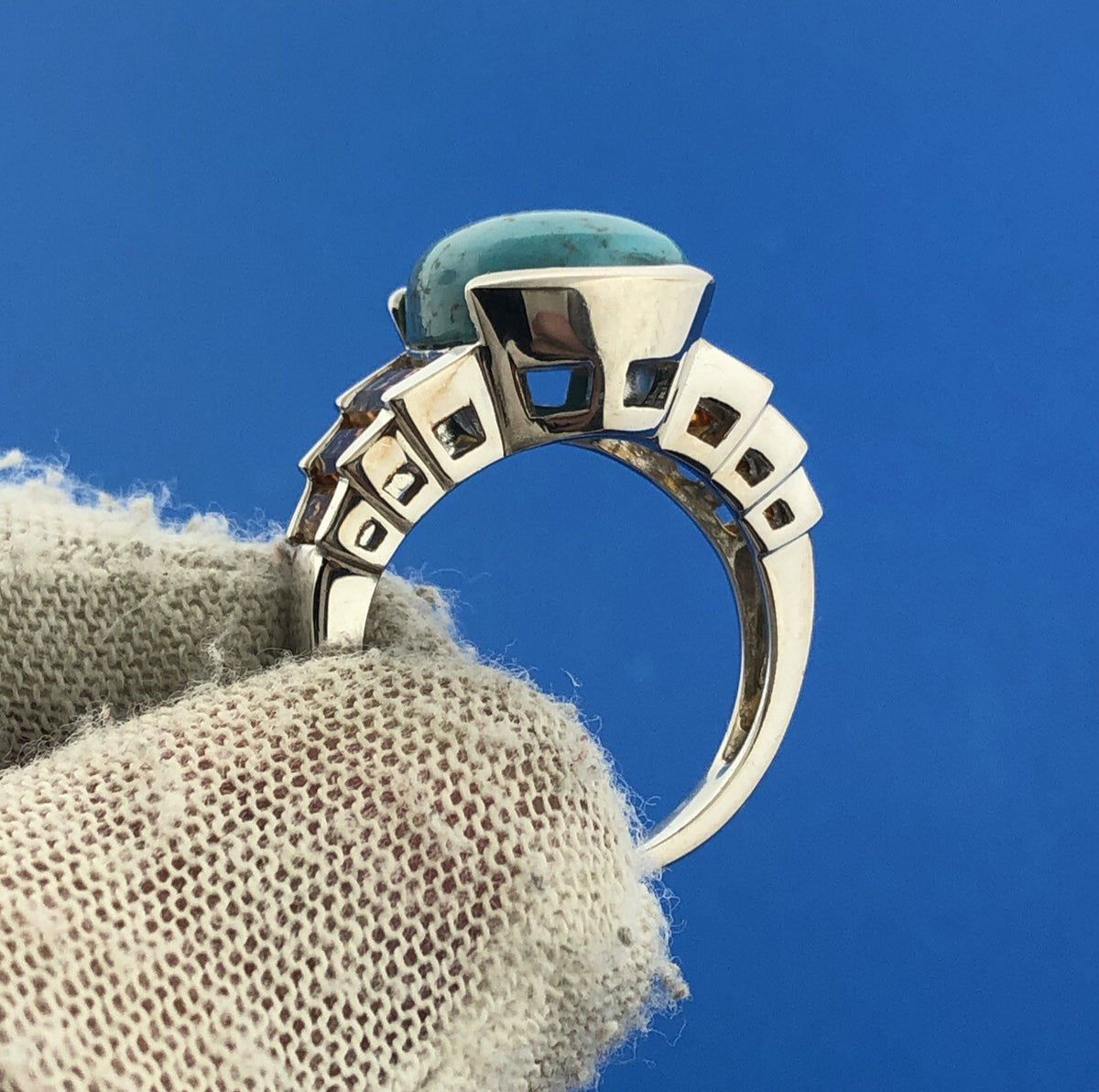 Stunning Sterling Silver 925 Oval Turquoise Cut Baguette Citrine Ring Size 6