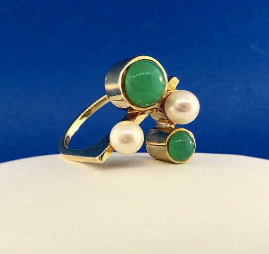 Retro 14K Germany Pearl Tourmaline Modernist Abstract Free Form Cocktail Ring