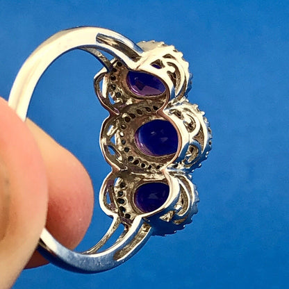 Stunning 10K White Gold Amethyst Trio Diamond Halo February Anniversary Ring