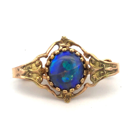 Vintage 14K Yellow Gold Black Fire Opal Etruscan Design Double Enhancer Pendant