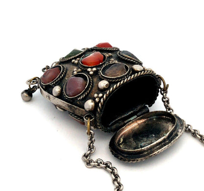 Vintage Sajai Metal Mixed Gemstone Silver Tone Prayer Box Coin Purse Necklace