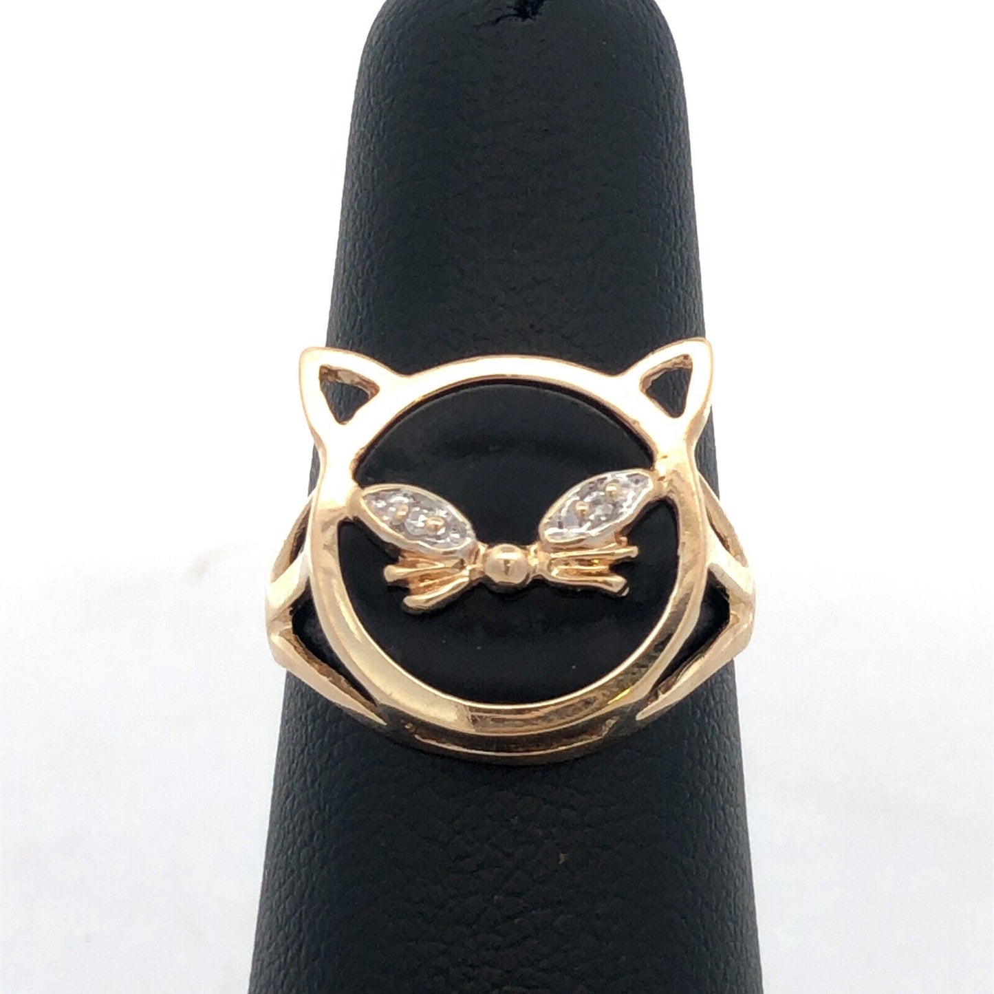 Designer 10K Yellow Gold Round Black Onyx White Topaz Cat Pet Ring