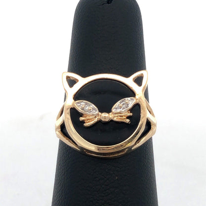Designer 10K Yellow Gold Round Black Onyx White Topaz Cat Pet Ring