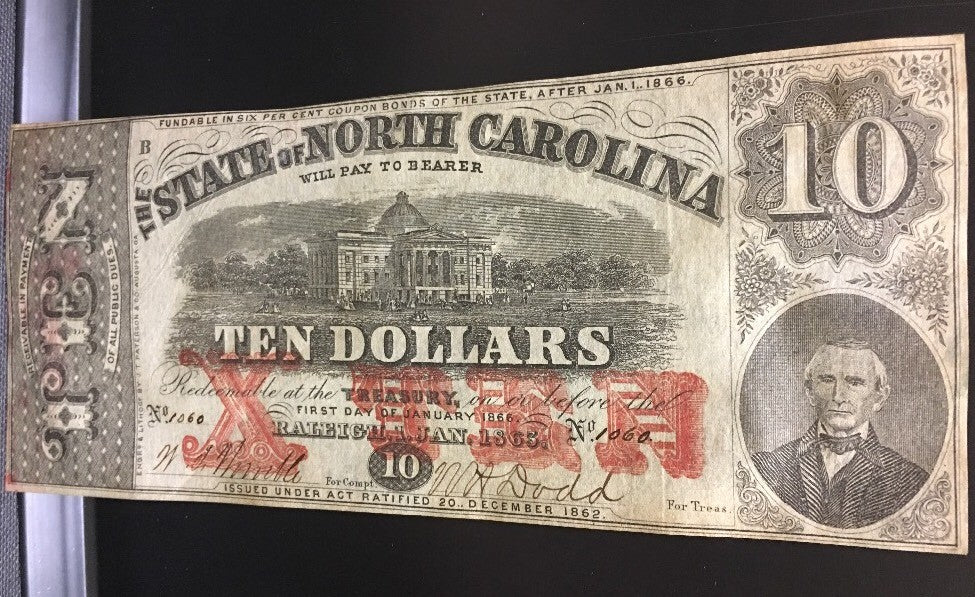 1863 $10 The State of North Carolina Note Civil War Era Possible Inking Error AU