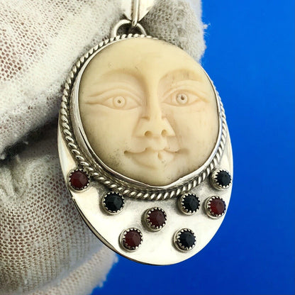 WASGO Sterling Silver Onyx Carnelian Carved Moon Stars Statement Pendant