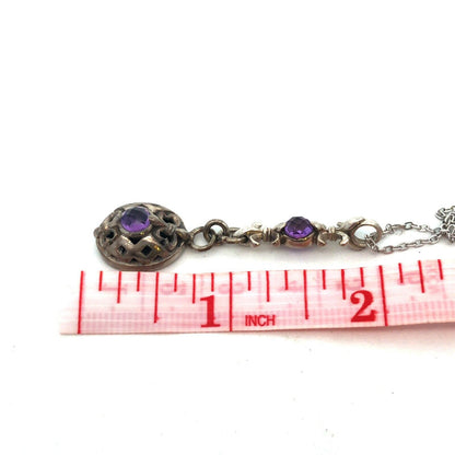 Vintage Designer 925 Sterling Silver Amethyst Fleur De Lis Pendant Necklace