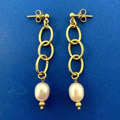 Italy Sterling Silver Vermeil Modernist Polished Twist Pearl Dangle Earrings