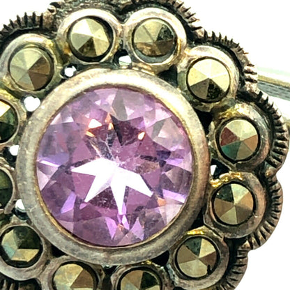 Vintage Designer A 925 Sterling Silver Amethyst Marcasite Flower Stud Earrings