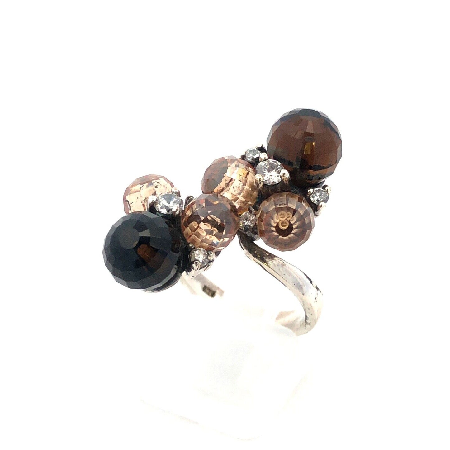 Vintage 925 Sterling Silver Faceted Brown White Cubic Zirconia Ball Cluster Ring