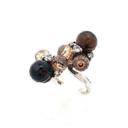 Vintage 925 Sterling Silver Faceted Brown White Cubic Zirconia Ball Cluster Ring