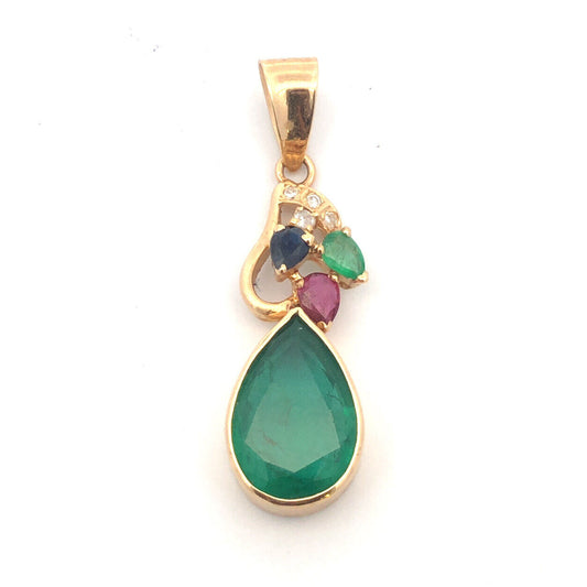 14K Yellow Gold Pear Emerald Sapphire Ruby Diamond Statement Pendant
