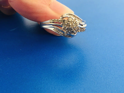 Sterling Silver 925 Diamond Waterfall Cluster Engagement Bridal Ring