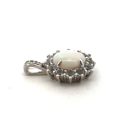 Designer CN 925 Sterling Silver Oval White Opal White Topaz Diamond Pendant