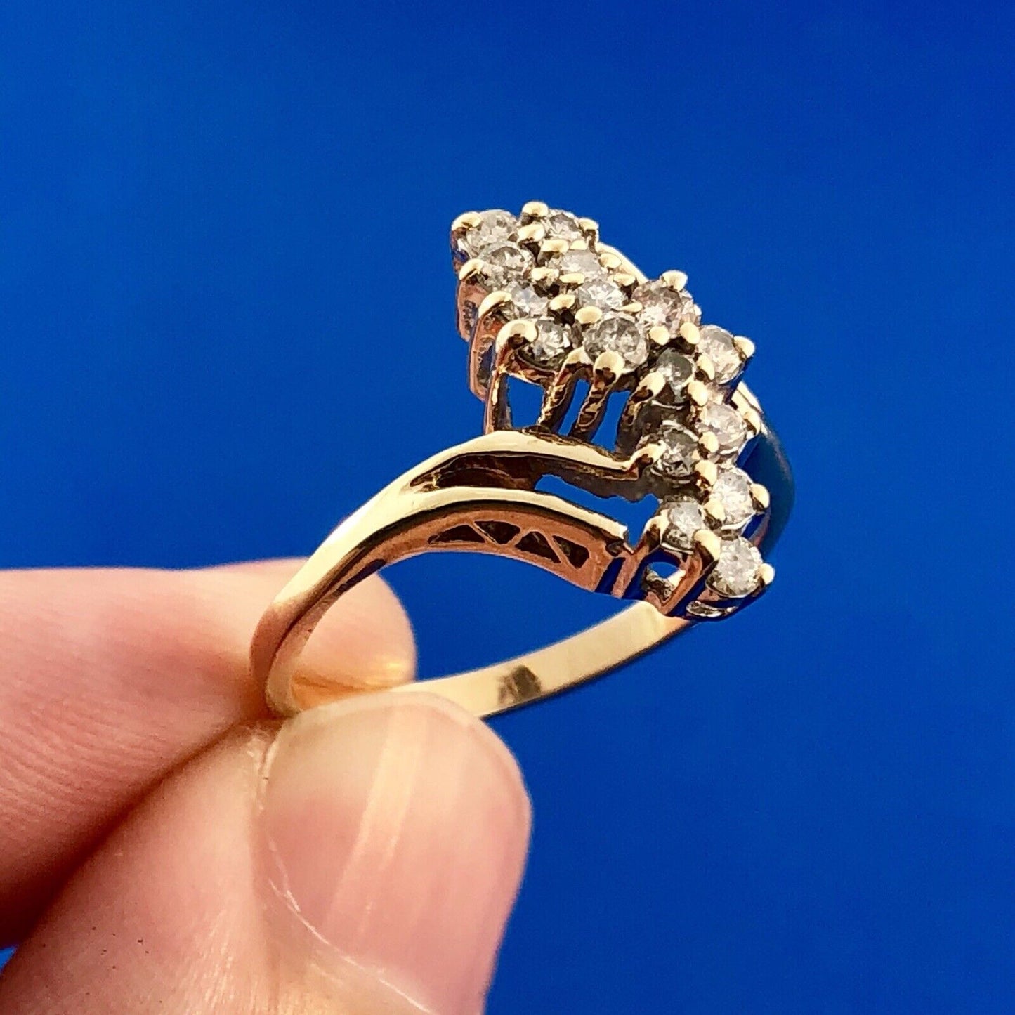 Retro 14K Yellow Gold Diamond Waterfall Cluster Bypass Anniversary Cocktail Ring