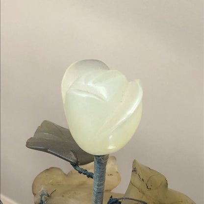 Vintage Green Jade Rose Agate Carnelian Carved Flowering Magnolia Branch Tree