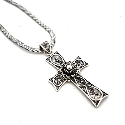 925 Sterling Silver Filigree Floral Cross Rope Chain Lariat Necklace