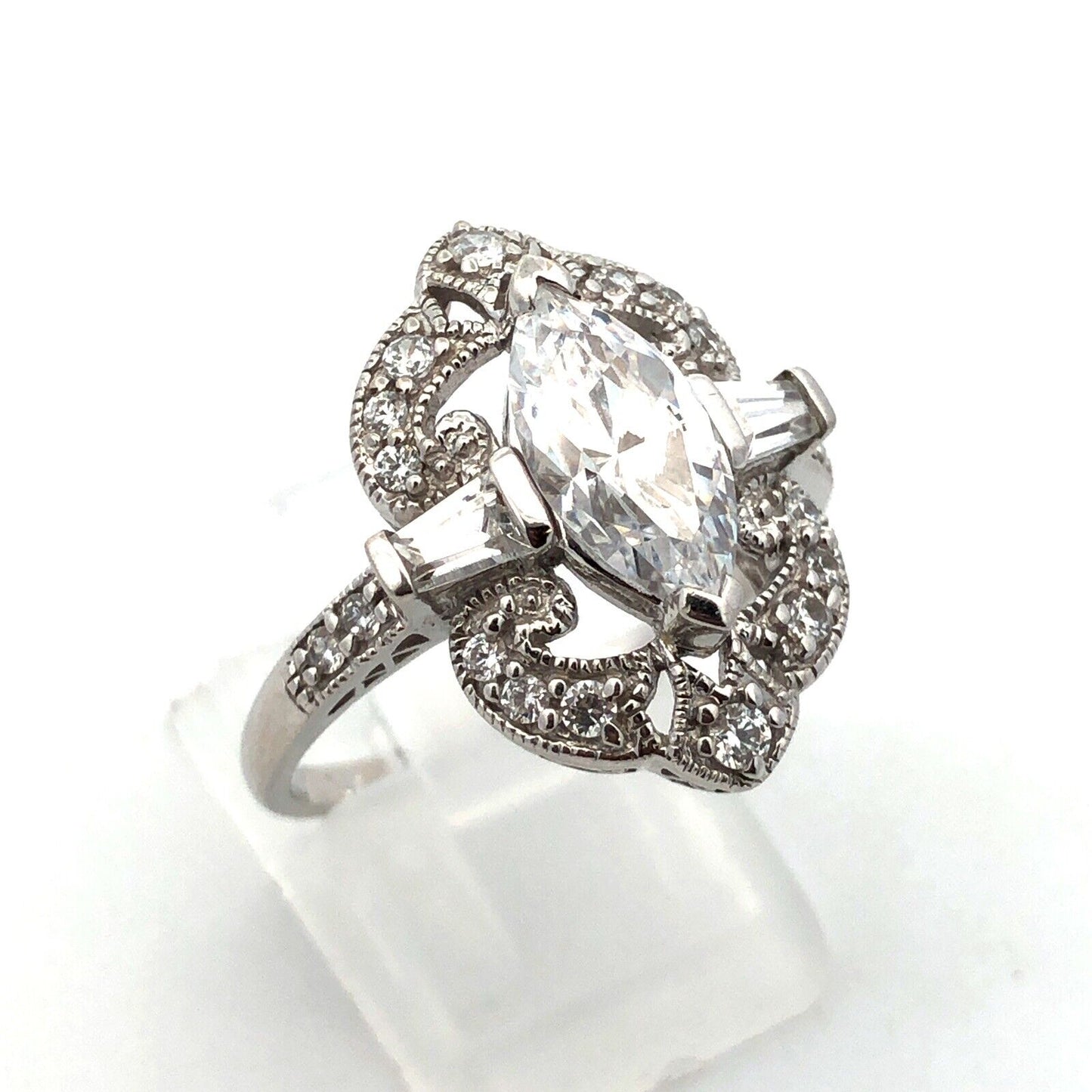 Designer MEDA 14K White Gold Cubic Zirconia Solitaire W/Accents Statement Ring