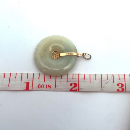 Designer 14K Yellow Gold Jade Chinese Symbol Longevity Good Luck Disc Pendant